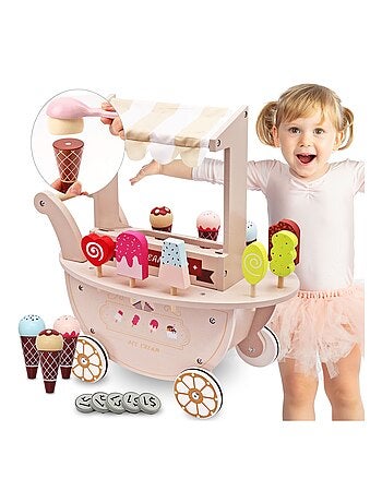 Marchande Enfant Marchande Glace Bois, Roues, Poignée & Accessoires, Chariot Jouet en Bois