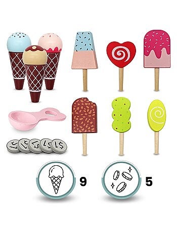 Marchande Enfant Marchande Glace Bois, Roues, Poignée & Accessoires, Chariot Jouet en Bois