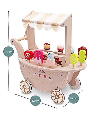 Marchande Enfant Marchande Glace Bois, Roues, Poignée & Accessoires, Chariot Jouet en Bois