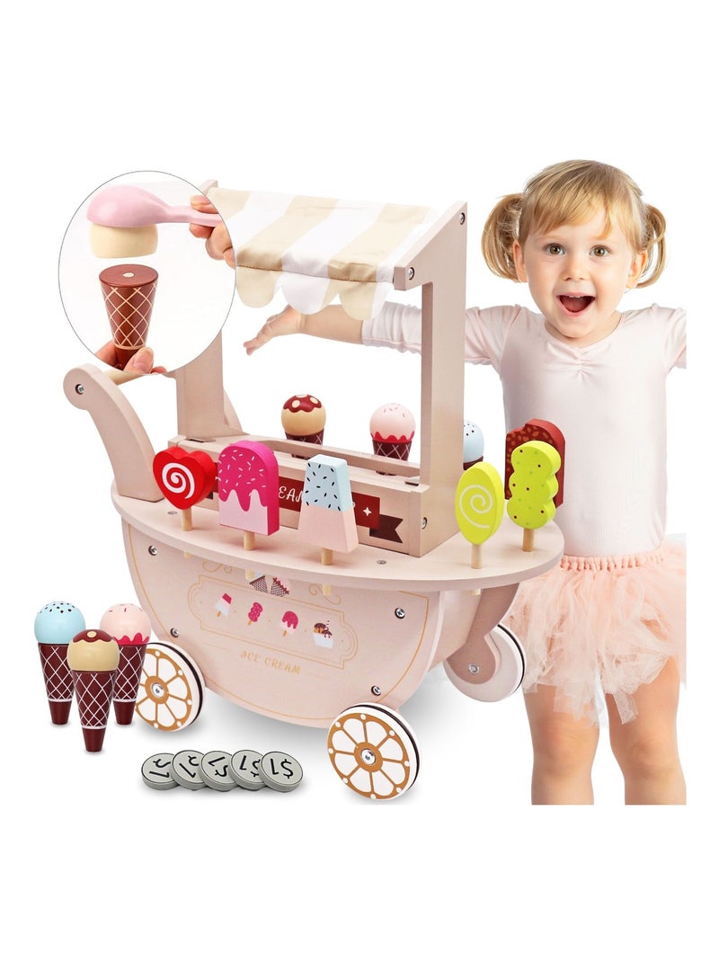 Marchande Enfant Marchande Glace Bois, Roues, Poignée & Accessoires, Chariot Jouet en Bois N/A - Kiabi