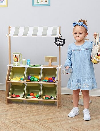 Marchande enfant stand petit marché bois avec 6 bacs à fruits et légumes