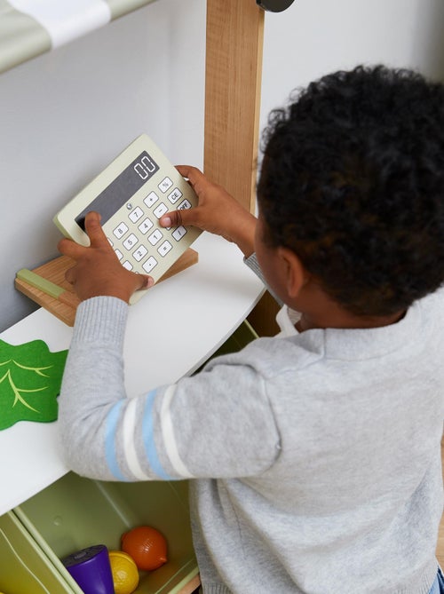 Marchande enfant stand petit marché bois avec 6 bacs à fruits et légumes - Kiabi