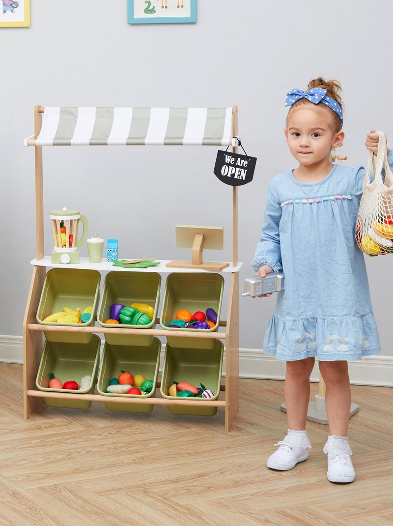 Marchande enfant stand petit marché bois avec 6 bacs à fruits et légumes Vert - Kiabi