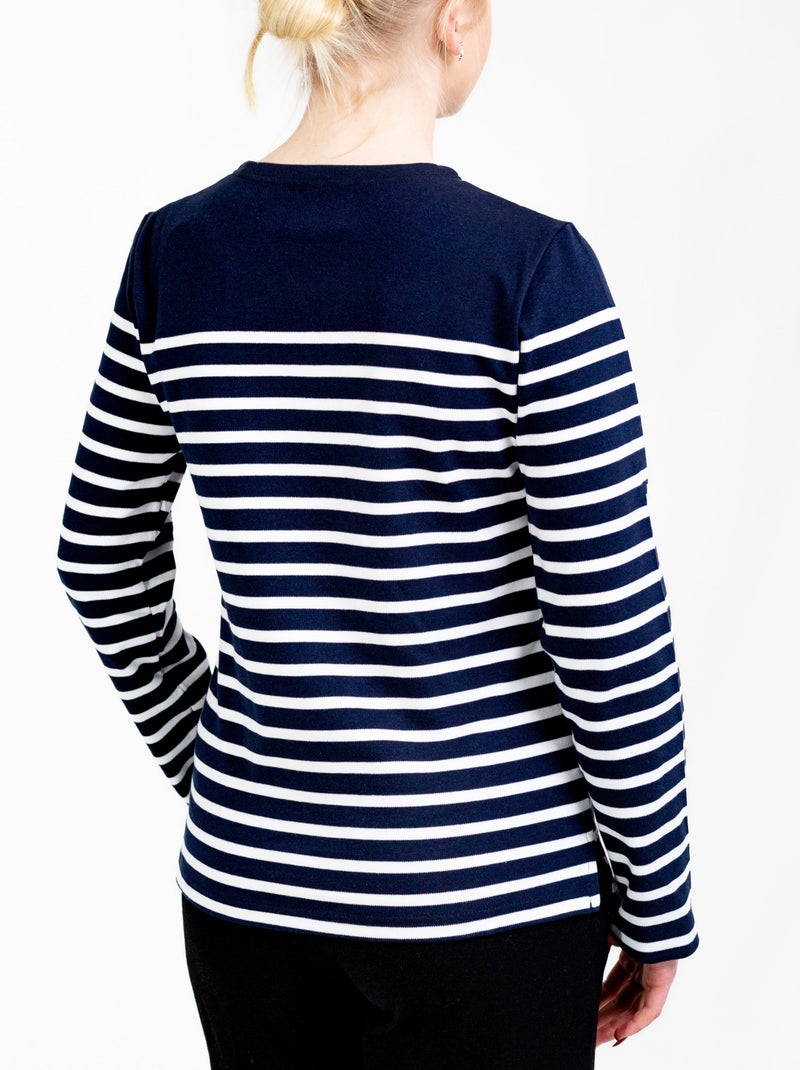 Marinière 'Breizh Océan', T-Shirt Femme Manches Longues en Coton Bio Marine/Blanc - Kiabi