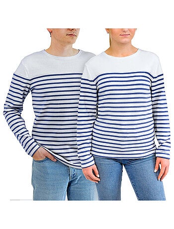 Marinière 'Breizh Océan', T-Shirt rayé Manches Longues, épais en Coton Bio - Mixte, Homme ou Femme