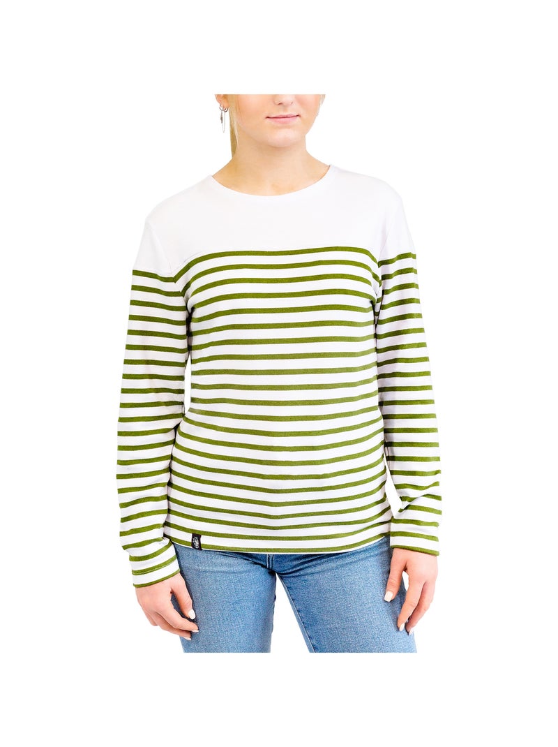 Marinière 'Breizh Océan', T-Shirt rayé Manches Longues, épais en Coton Bio - Mixte, Homme ou Femme Blanc/Kaki - Kiabi