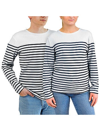 Marinière 'Breizh Océan', T-Shirt rayé Manches Longues, épais en Coton Bio - Mixte, Homme ou Femme