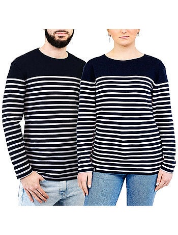 Marinière 'Breizh Océan', T-Shirt rayé Manches Longues, épais en Coton Bio - Mixte, Homme ou Femme