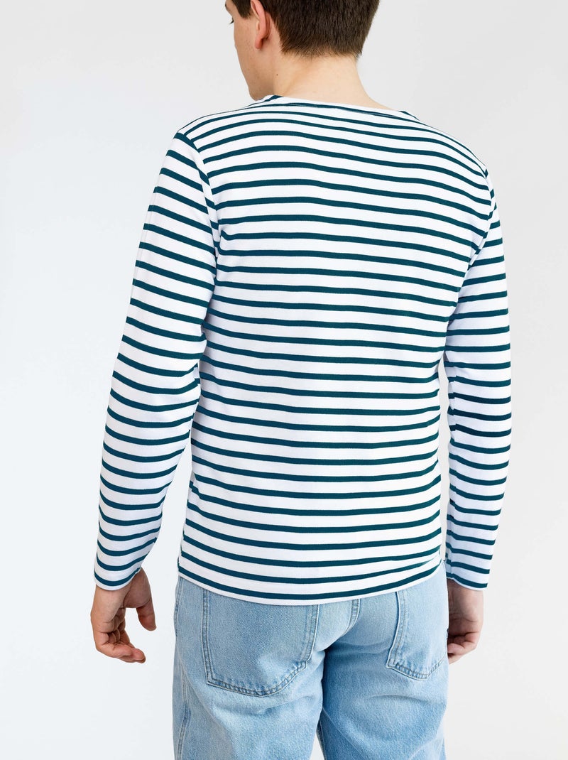Marinière 'Breizh Océan', T-Shirt rayé mixte épais en Coton Bio, Homme ou Femme Blanc/Jean - Kiabi