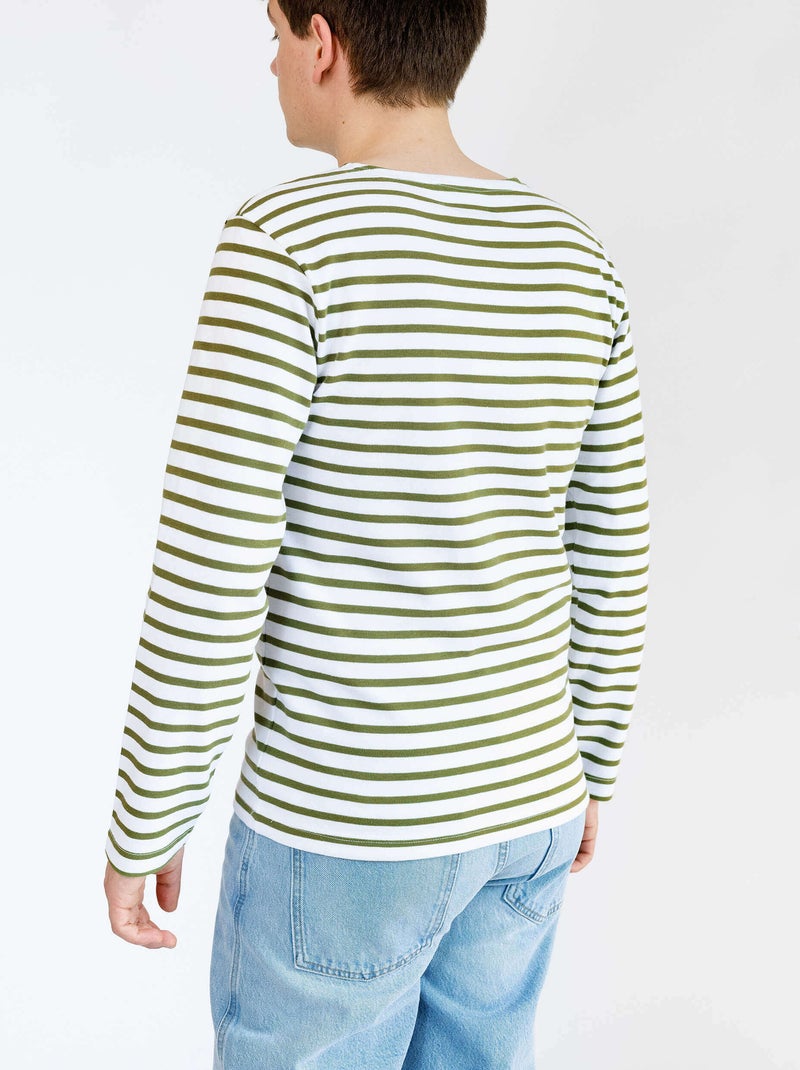 Marinière 'Breizh Océan', T-Shirt rayé mixte épais en Coton Bio, Homme ou Femme Blanc/Kaki - Kiabi