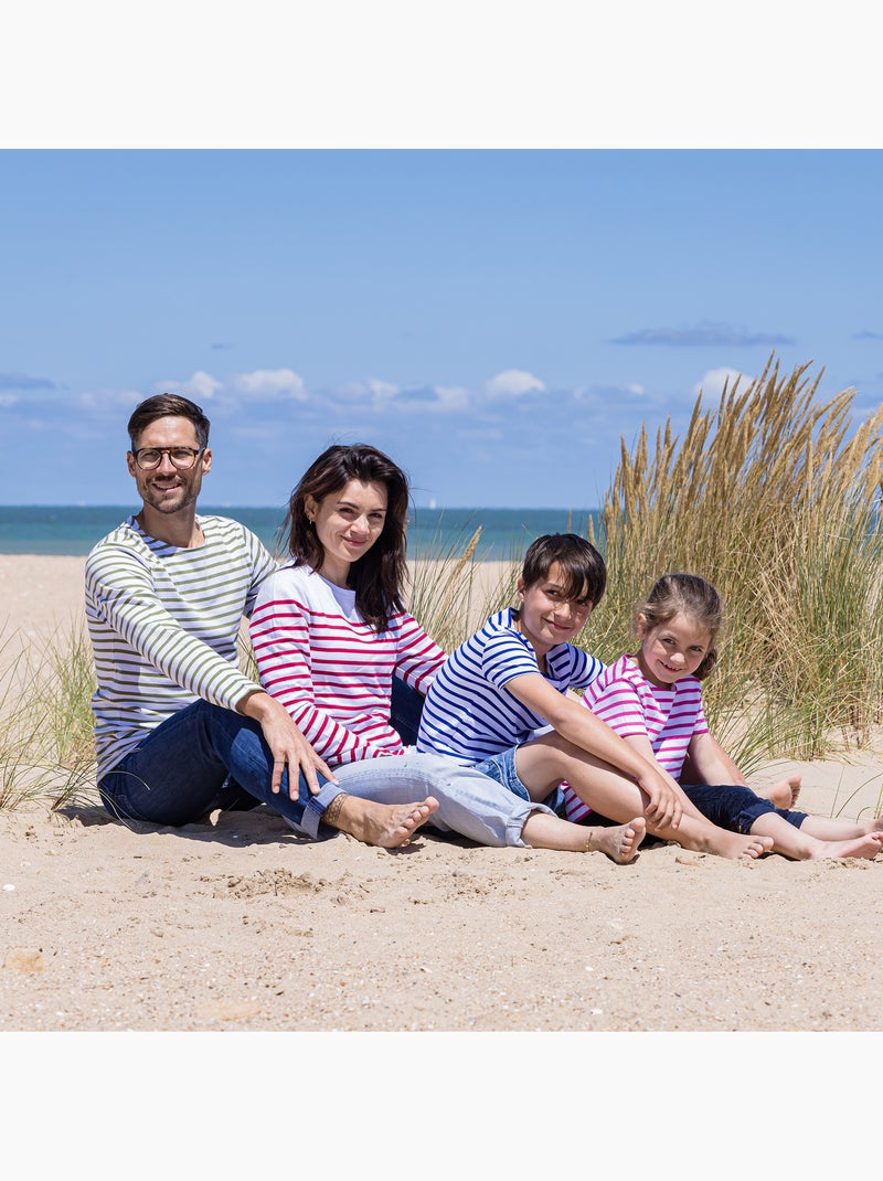 Marinière Coton BIO manches courtes 'Breizh Océan', tee shirt enfant mixte Ecru/Marine - Kiabi