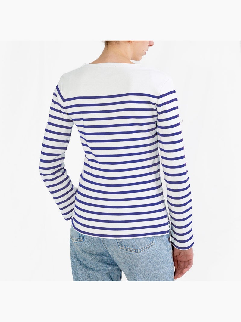 Marinière Femme Coton Bio Épais PIRIAC - Tee Shirt Manches Longues Rayé Blanc/Azur - Kiabi