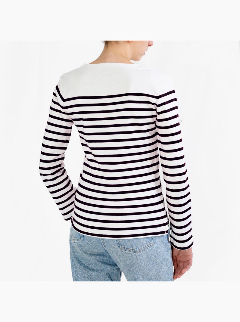 Marinière Femme Coton Bio Épais PIRIAC - Tee Shirt Manches Longues Rayé Blanc/Marine - Kiabi