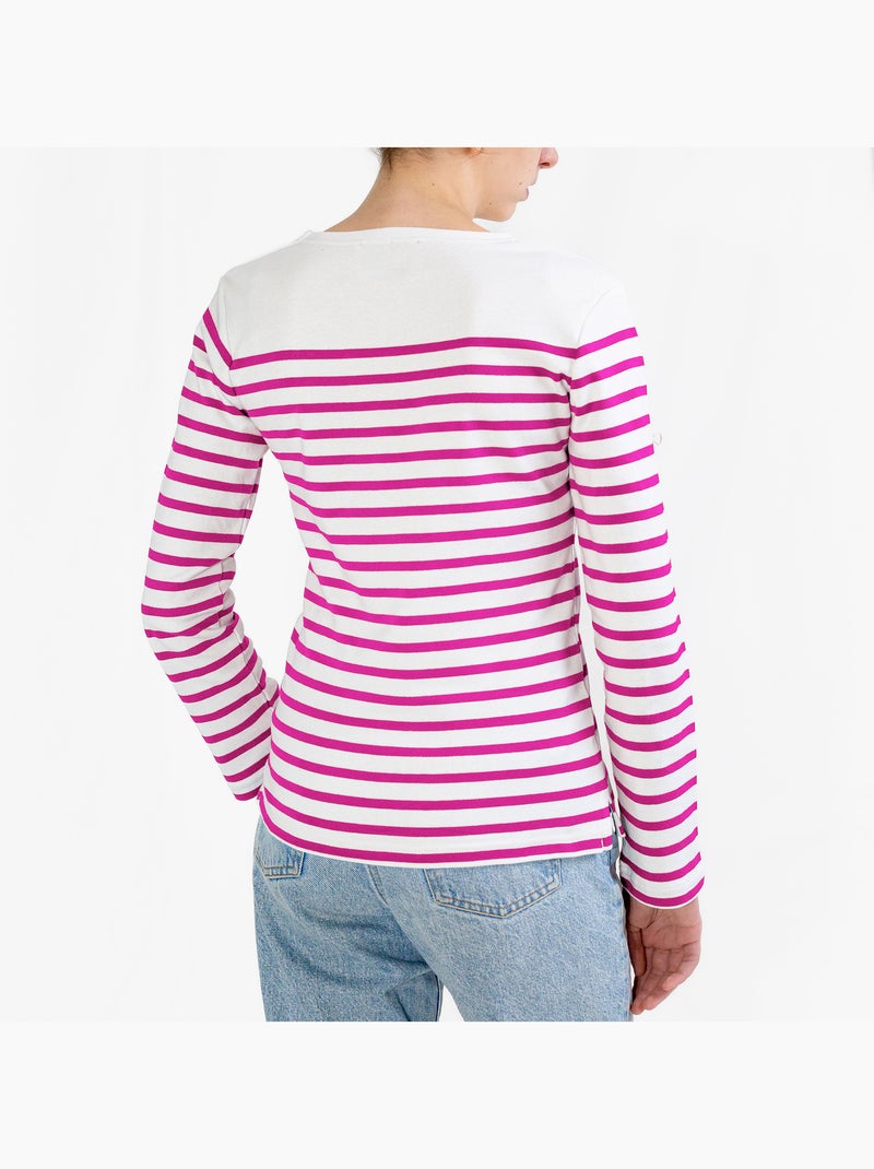 Marinière Femme Coton Bio Épais PIRIAC - Tee Shirt Manches Longues Rayé Blanc/Multirose - Kiabi