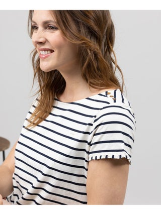 Marinière manches courtes Femme fond blanc rayé bleu marine - Terre de Marins
