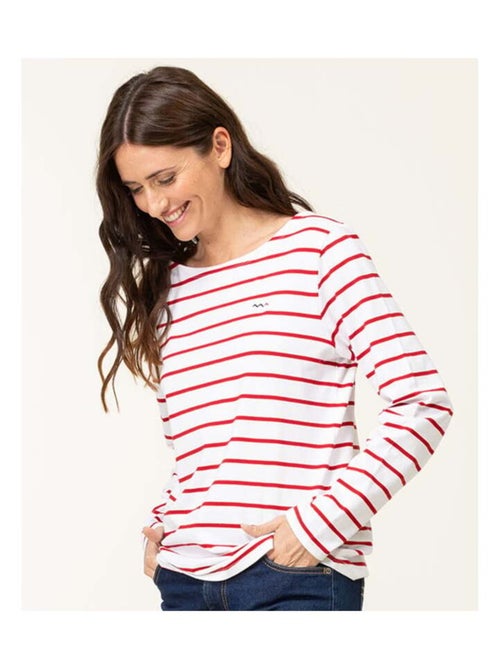 Marinière manches longues Femme blanc rayé rouge - Kiabi