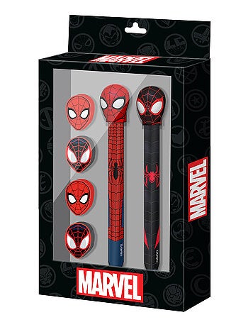Marvel Spiderman Peter Pack de Stylo Gel Effaçable + Crayon Éternel + 4 Gommes, Rouge