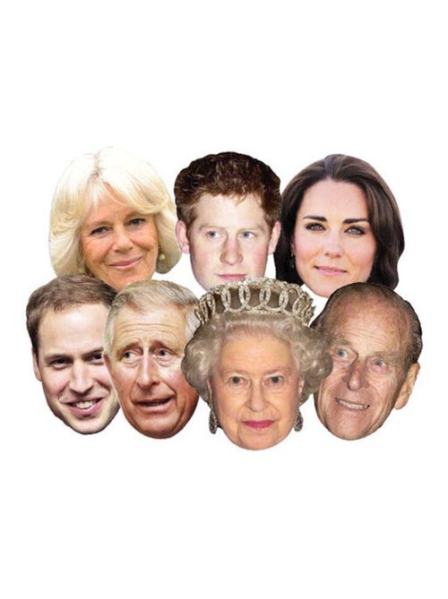 Masque en carton Paquet de 7 visages Famille Royale - Reine Elisabeth, Prince Philip, William, Harry - Kiabi