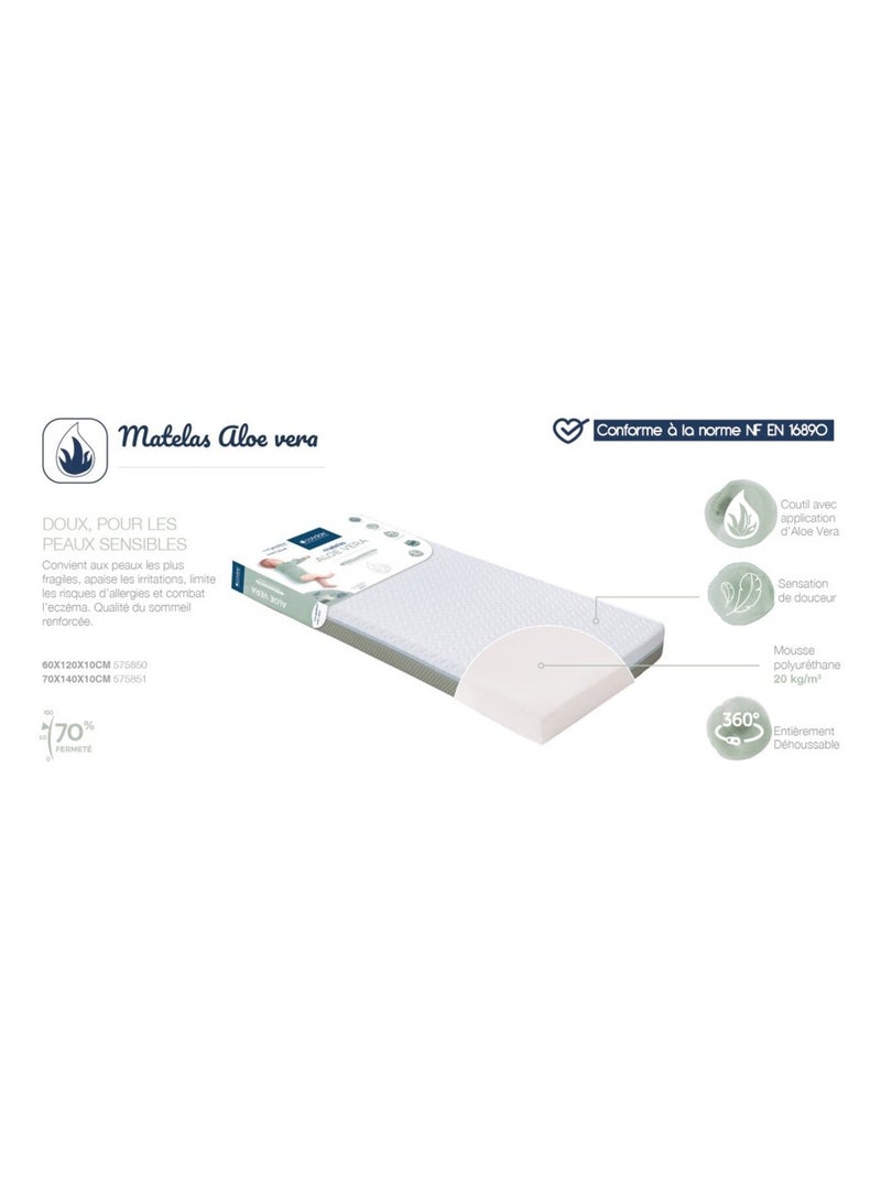 Matelas 70x140 cm pour lit bébé Aloé Vera - Peaux fragiles - Déhoussable à 360° Blanc - Kiabi