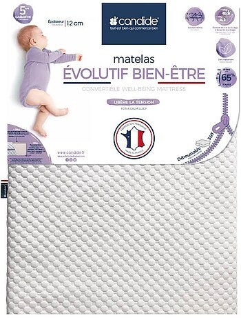 Matelas 70x140 cm pour lit bébé Évolutif Bien-Être - Libère la tension - Déhoussable à 360°