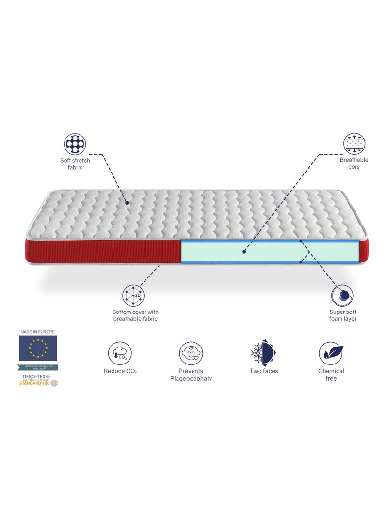 Matelas bebe 60x120 VELVET mousse, Epaisseur 11 cm Respirante et ergonomique. Fermete ideal Blanc Rouge - Kiabi
