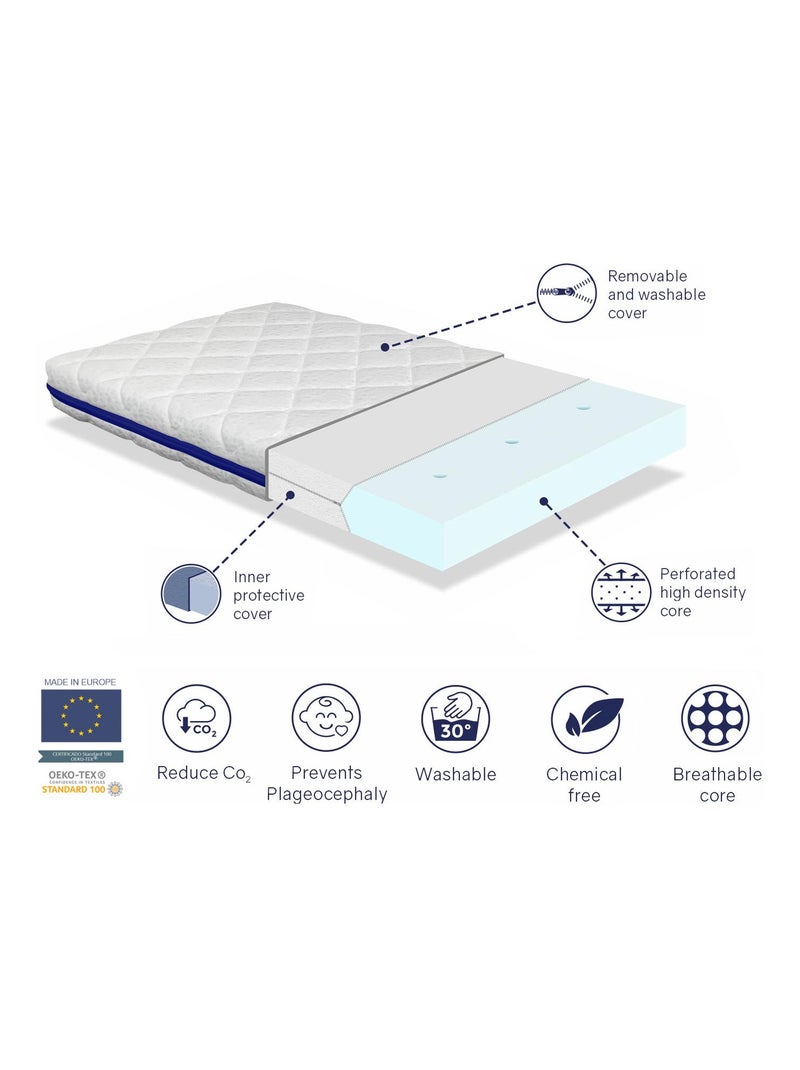 Matelas bebe 67X137 HERMES mousse, Epaisseur 11 CM, Respirante et Dehoussable. Fermete ideale Blanc Bleu - Kiabi