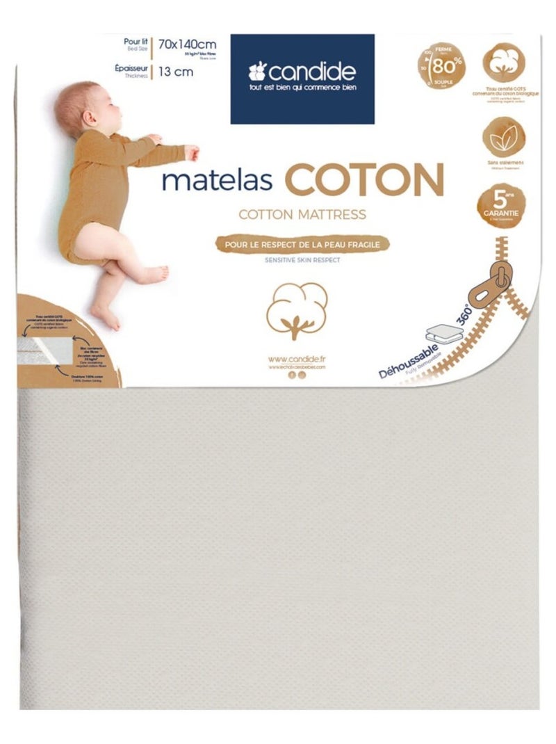 Matelas Bébé Organic Coton - 70 cm x 140 cm x 12 cm Beige - Kiabi
