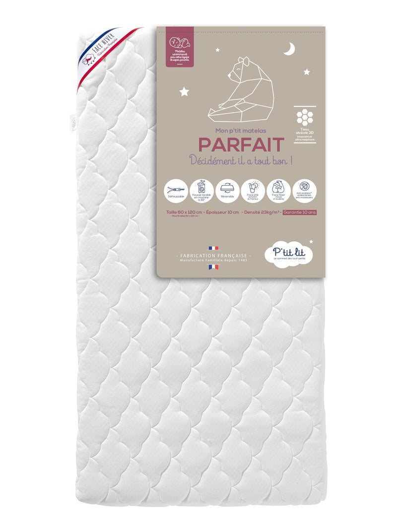 Matelas Bébé Parfait | 60x120x10 cm | Déhoussable | Réversible Blanc - Kiabi
