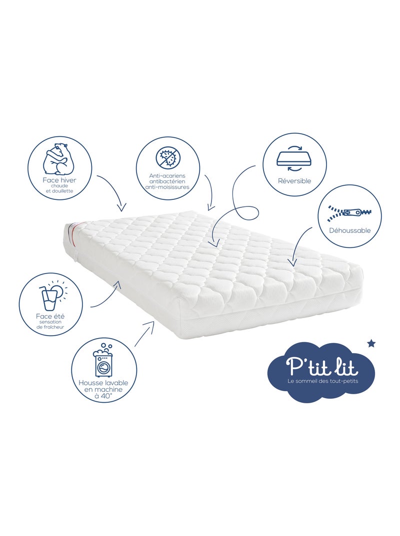 Matelas Bébé Parfait | 60x120x10 cm | Déhoussable | Réversible Blanc - Kiabi