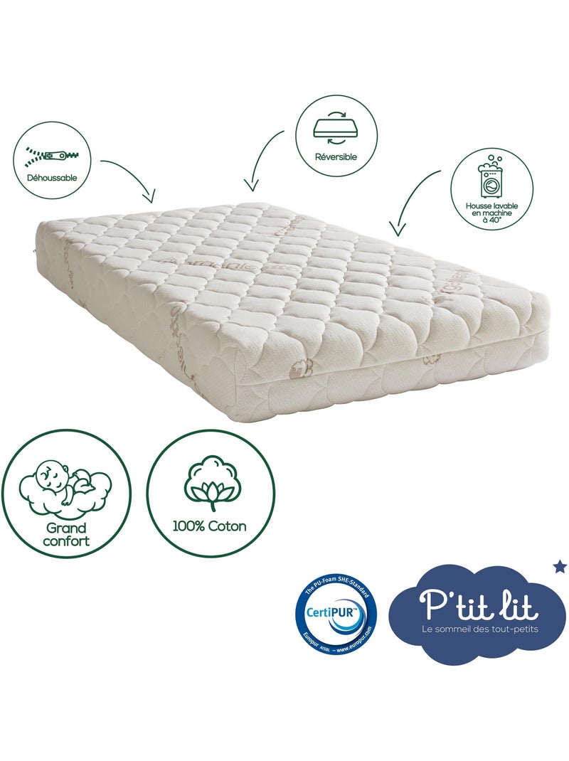 Matelas Bébé/Enfant Coton Bio | 70x140x10 cm | Déhoussable Blanc - Kiabi