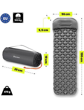 Matelas de Camp Gonflable Ultraléger de Randonnée Campmat 1 Place avec Oreiller Intégré 190x56