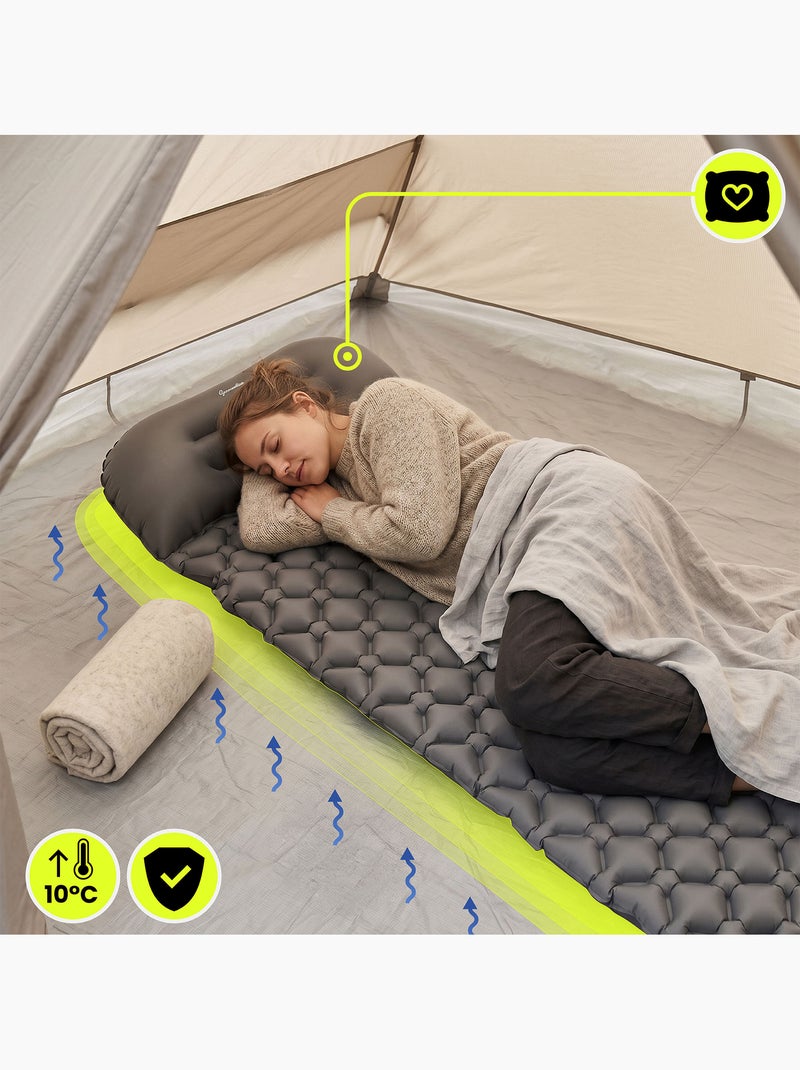 Matelas de Camp Gonflable Ultraléger de Randonnée Campmat 1 Place avec Oreiller Intégré 190x56 Noir - Kiabi