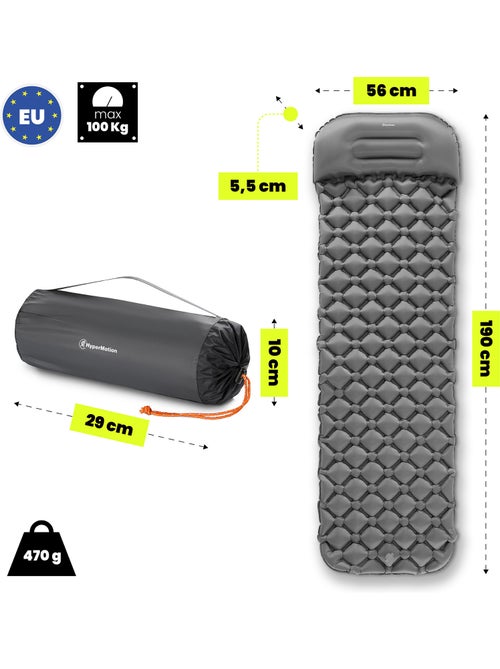 Matelas de Camp Gonflable Ultraléger de Randonnée Campmat 1 Place avec Oreiller Intégré 190x56 - Kiabi