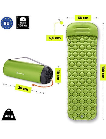 Matelas de Camp Gonflable Ultraléger de Randonnée Campmat 1 Place avec Oreiller Intégré 190x56