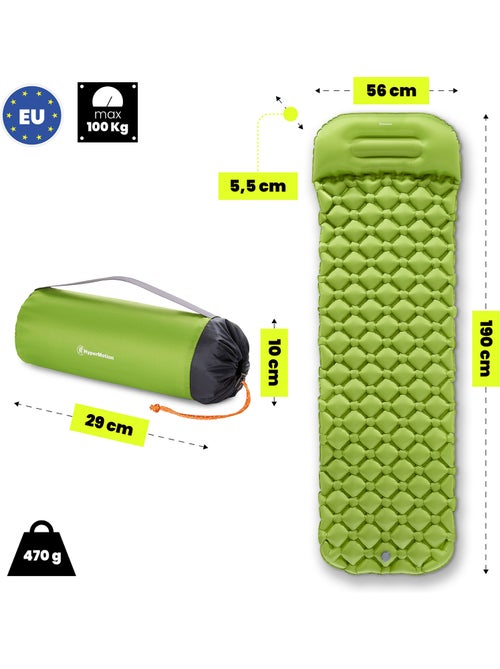 Matelas de Camp Gonflable Ultraléger de Randonnée Campmat 1 Place avec Oreiller Intégré 190x56 - Kiabi