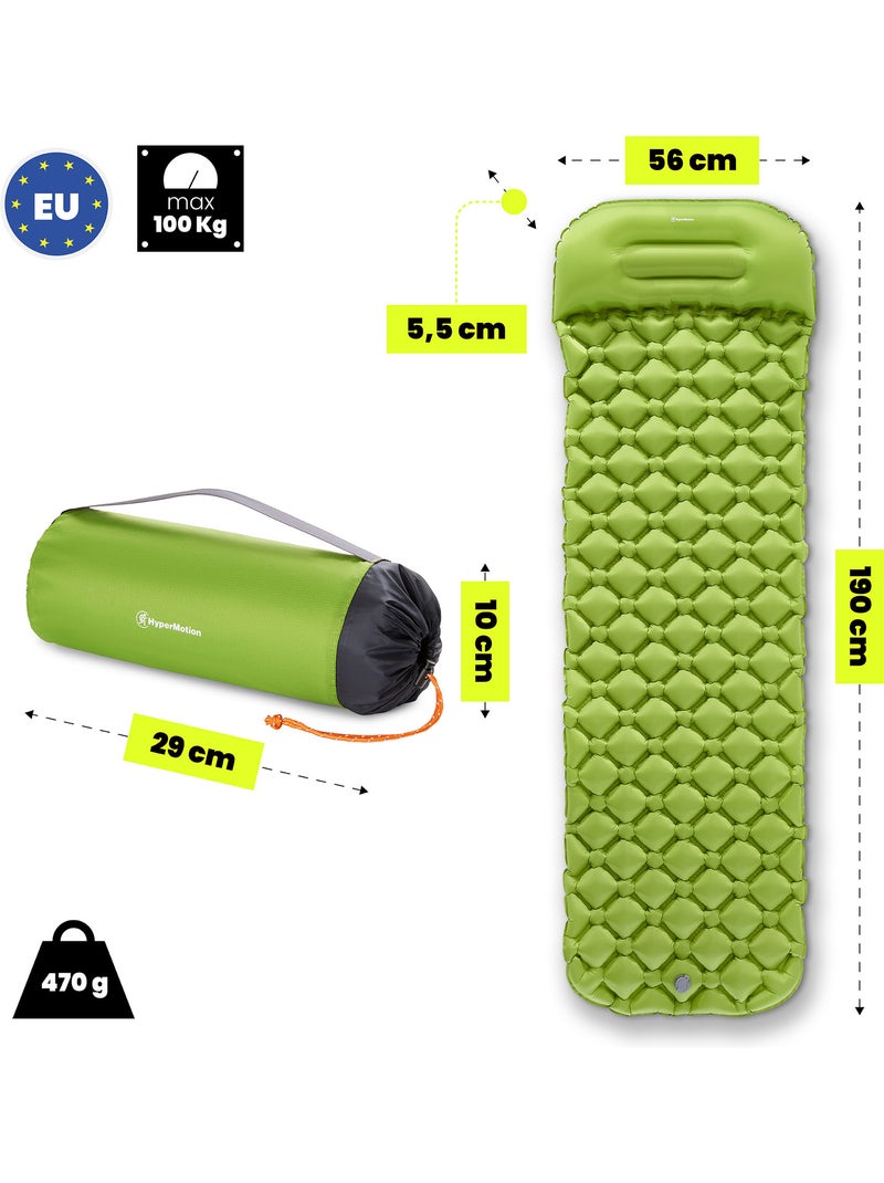 Matelas de Camp Gonflable Ultraléger de Randonnée Campmat 1 Place avec Oreiller Intégré 190x56 Vert - Kiabi