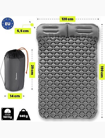 Matelas de Camp Gonflable Ultraléger de Randonnée Campmat 2 Places - Oreillers Intégrés 190x120