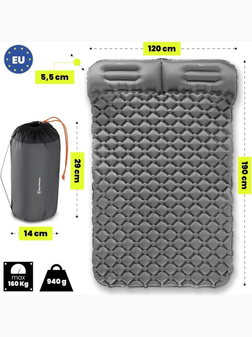 Matelas de Camp Gonflable Ultraléger de Randonnée Campmat 2 Places - Oreillers Intégrés 190x120 - Kiabi