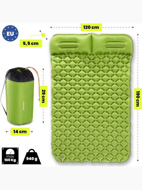 Matelas de Camp Gonflable Ultraléger de Randonnée Campmat 2 Places - Oreillers Intégrés 190x120 - Kiabi