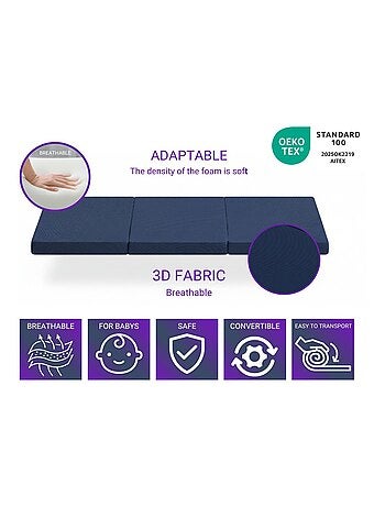 Matelas de voyage pliable DREMI – Mousse HR D23, 120 x 60 cm, épaisseur 5 cm, tissu 3D respirant