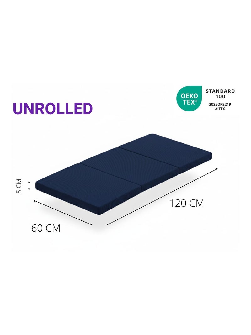 Matelas de voyage pliable DREMI – Mousse HR D23, 120 x 60 cm, épaisseur 5 cm, tissu 3D respirant Bleu - Kiabi