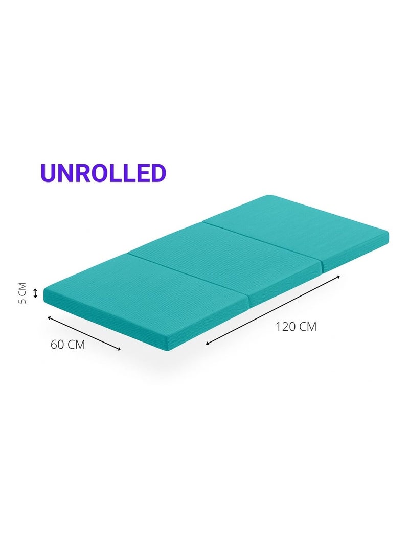 Matelas de voyage pliable LULÚ – Mousse HR D23, 120 x 60 cm, épaisseur 5 cm, tissu 3D respirant Turquoise - Kiabi