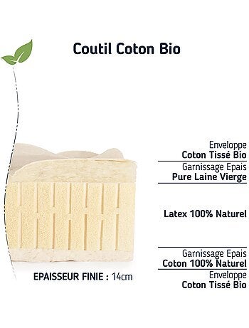 matelas enfant 100 % latex naturel, ferme. Monozone - 14 cm