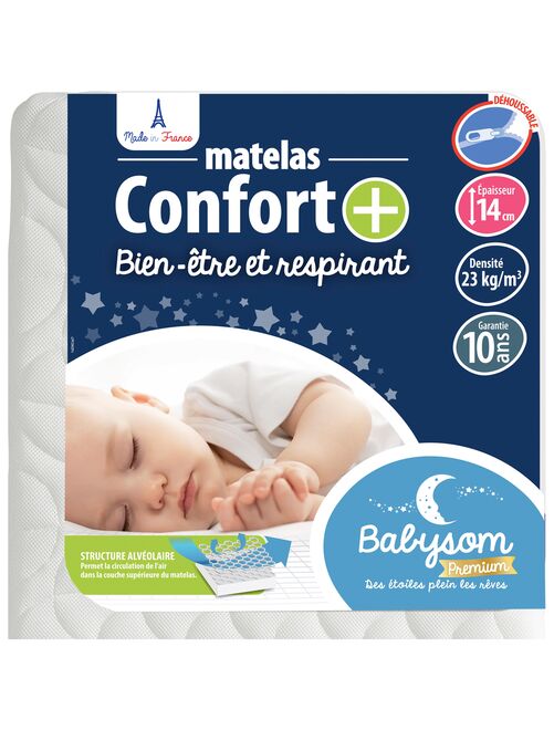 Matelas Enfant/Bébé Confort+ 70x140x14 cm | Circulation Parfaite de l'air | Confort | Déhoussable - Kiabi