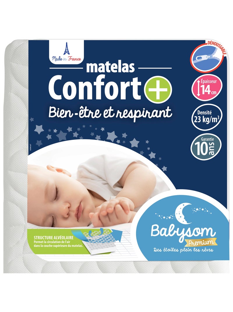 Matelas Enfant/Bébé Confort+ 70x140x14 cm | Circulation Parfaite de l'air | Confort | Déhoussable Blanc - Kiabi