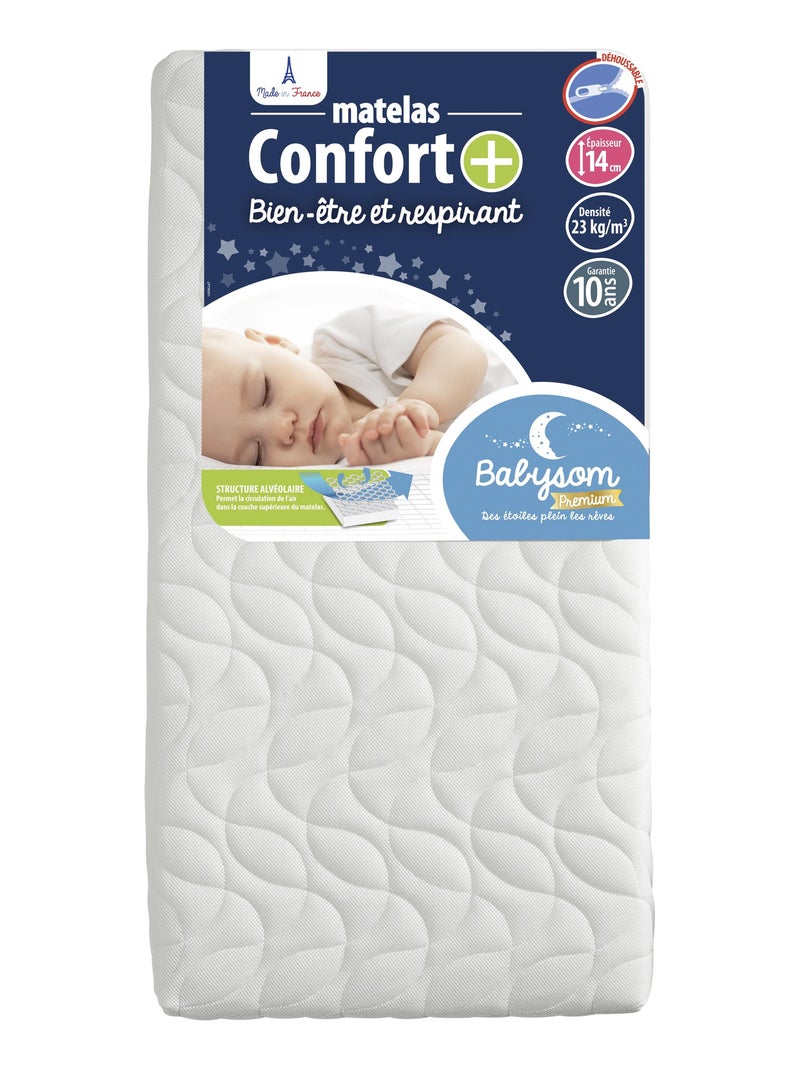 Matelas Enfant/Bébé Confort+ 70x140x14 cm | Circulation Parfaite de l'air | Confort | Déhoussable Blanc - Kiabi