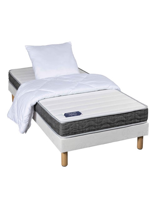 Matelas mousse + latex, sommier, pieds, couette, oreillers - Kiabi