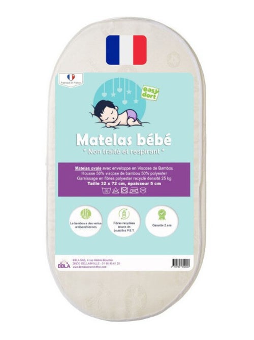 Matelas ovale Bambou 32x72 cm - coins arrondis - pour couffin - Kiabi
