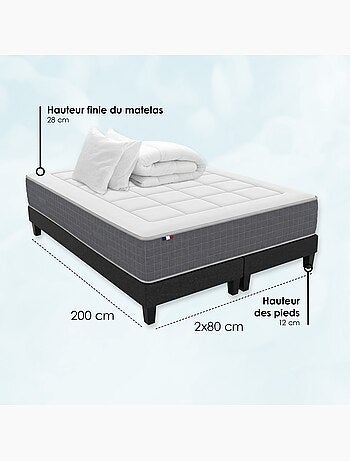 Matelas ressorts 7 zones H28 sommier couette oreillers 2x80x200