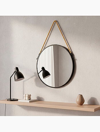 Max home miroir mural rond d55 avec cadre métallique et corde